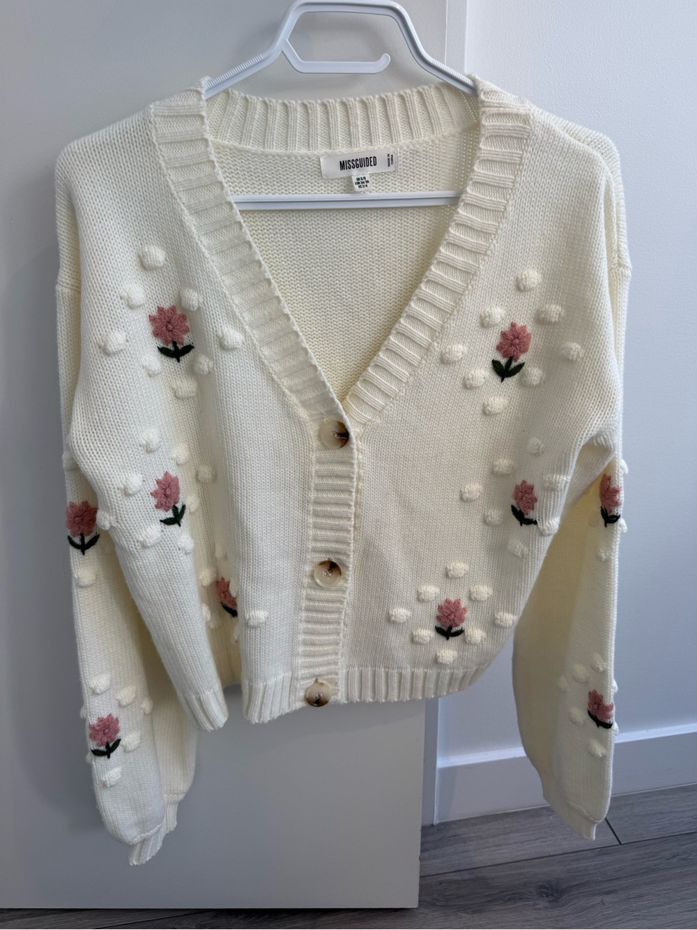 Missguided Cream Floral Pom-Pom Knit Cardigan